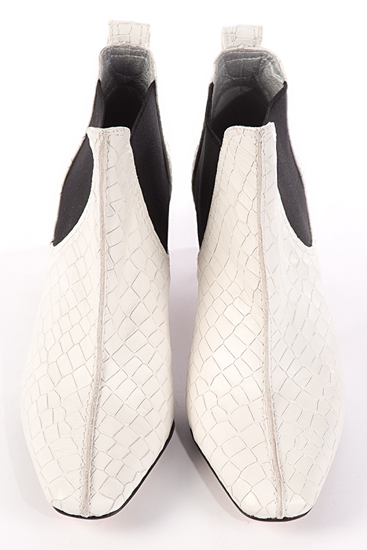 Women's off white and matt black elegant Chelsea ankle boots, with side elastics. Square toe. Medium comma heels - Top view